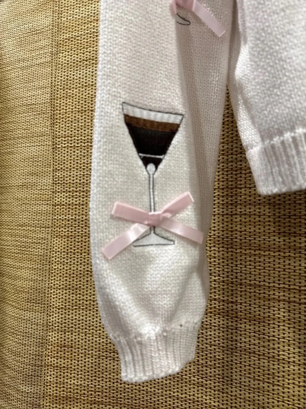 Francesca's Collections Cream Knit Cardigan with Pink Bow & Cocktail Motifs - Picture 4 of 4